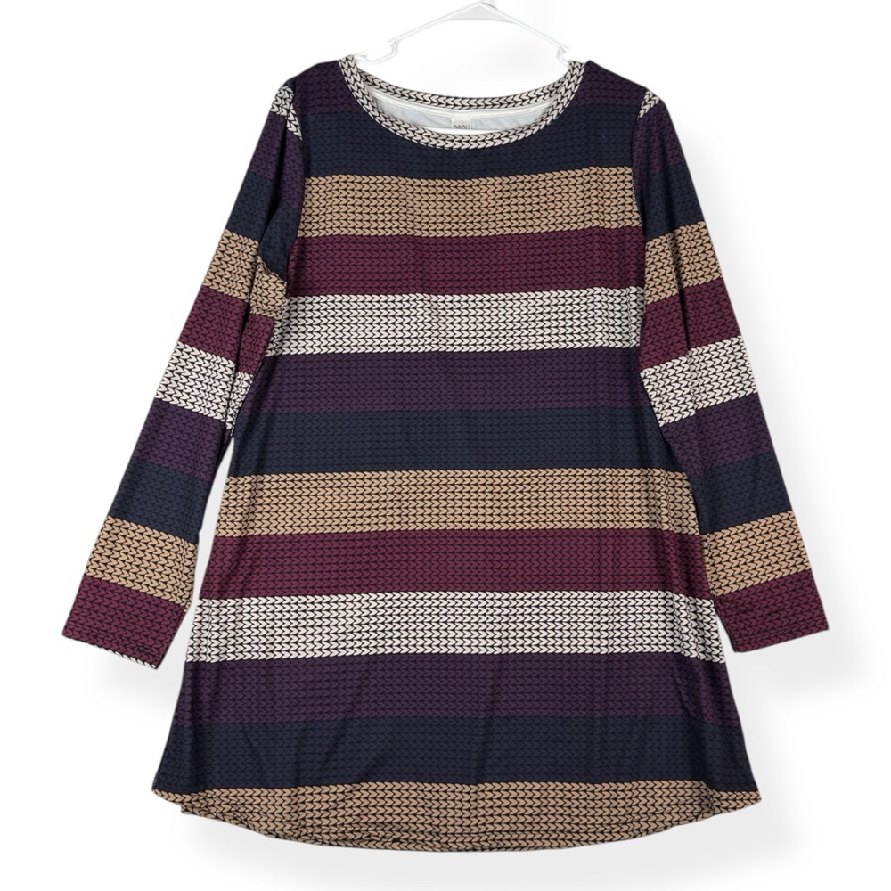 NANU Tunic Top Womens L Large Navy Tan Striped Long Sleeve‎ Round Neck